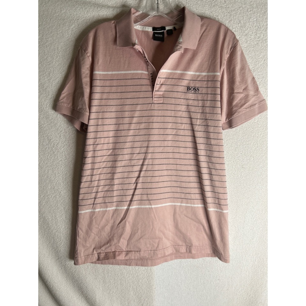 Hugo Boss Mens Slim Fit Polo Shirt Pink Striped Short Sleeve Logo Size L